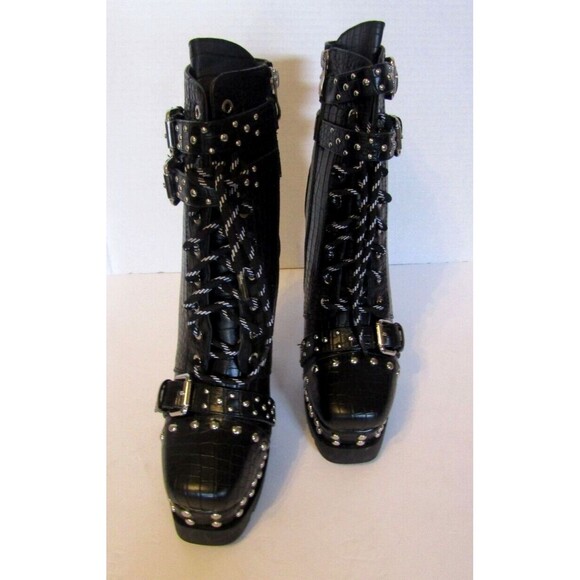 Azalea Wang Dolls Kill Ankle Boots NWOB Black Vegan Crocodile Heels Studded 8.5 - Picture 5 of 10